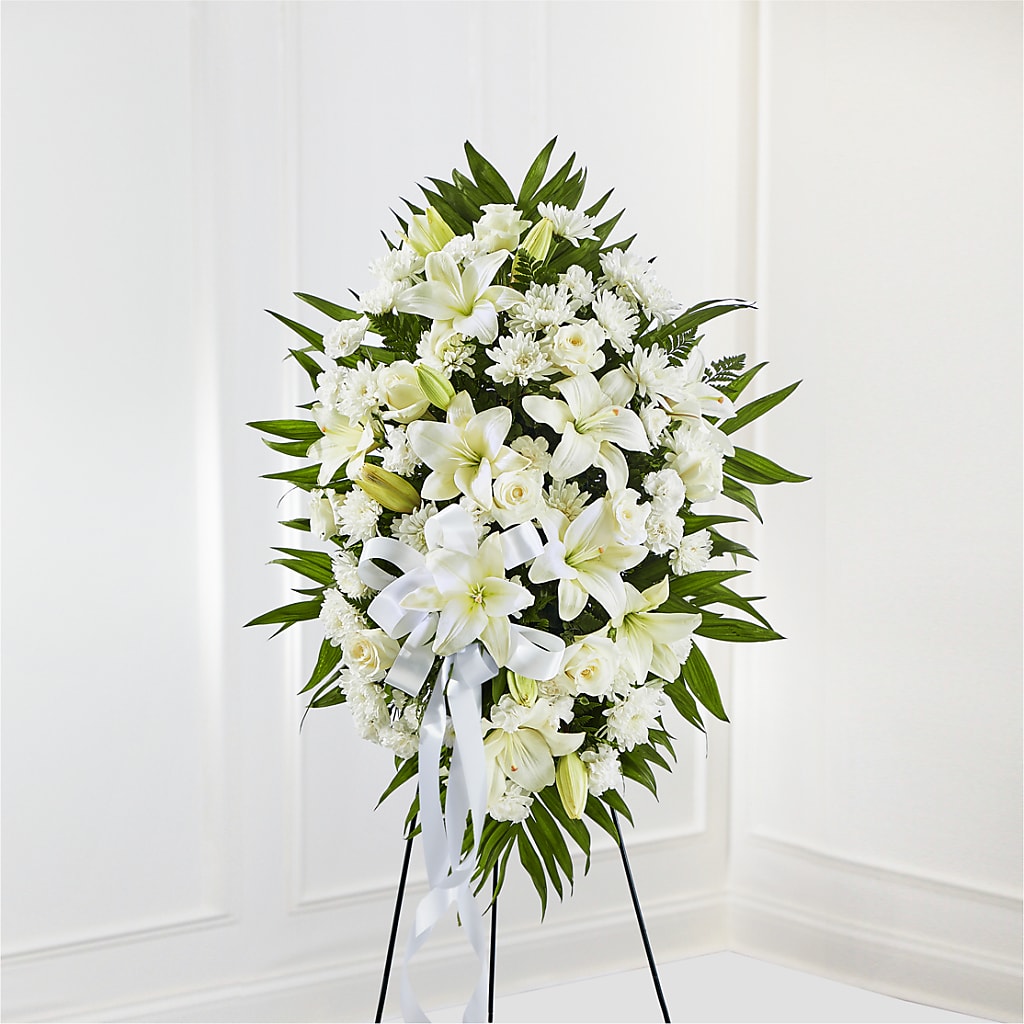 Exquisite Tribute Standing Spray-White Ribbon – Hb Floral Studio, Rockford IL