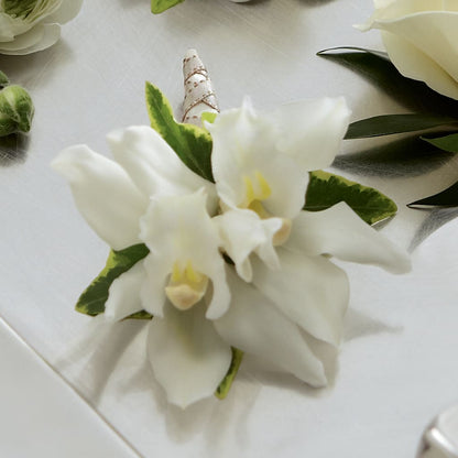 White Mini Cymbidium Boutonniere –  Hb Floral Studio, Rockford IL